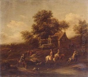 A Hunting Party Fording A Stream