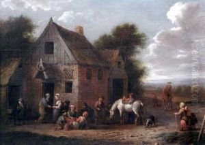 Peasants Outside An Inn, With A Traveller With A Grey Horse In The Foreground by Barend Gael