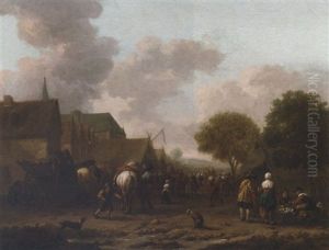 A Village Landscape With Travellers On The Street By A Vegetable Seller