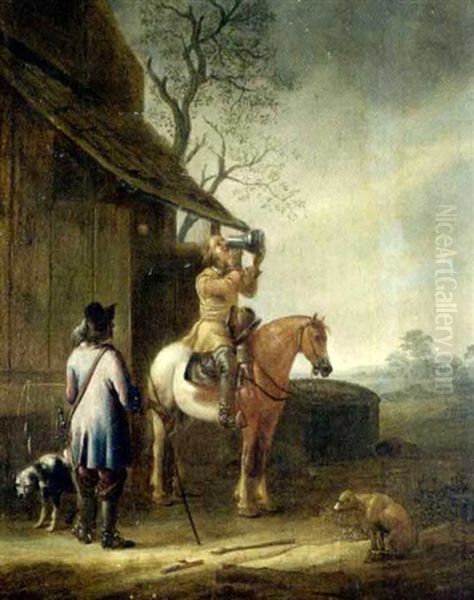Zwei Rastende Reiter Mit Hunden Vor Einem Haus - view 1