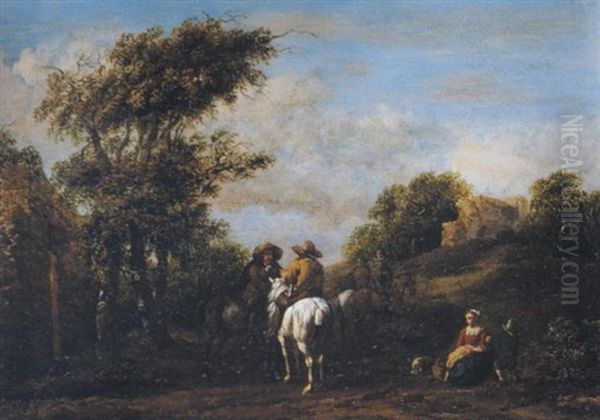 Reiterbegegung Und Rastende Bauersfrau Mit Kind In Landschaft Mit Ruine - view 1