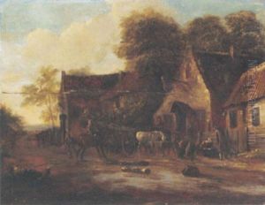 A Village Landscape With Travellers And A Wagon By An Inn