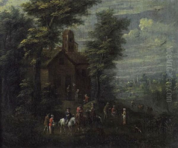 Elegant Figures On Horseback Outside A House With A Landscape Beyond - view 1
