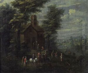 Elegant Figures On Horseback Outside A House With A Landscape Beyond by Barend Gael