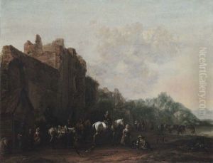 Travellers And Pack Animals Resting Before A Ruined Building
