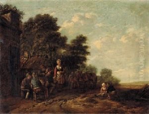 Peasants Carousing And Flirting With A Milkmaid Outside An Inn by Barend Gael