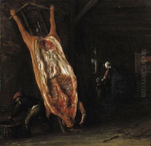 A Slaughtered Pig On A Ladder In A Barn, With Peasants Nearby
