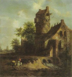 Reiter Und Bauer Mit Maultier Vor Bauernhausern Und Turm Rechts