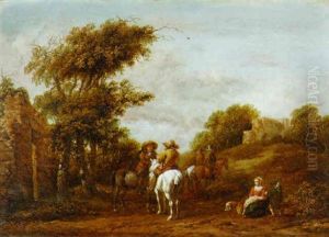 Horseman On A Path With A Woman And Child Nearby And Ruins Beyond by Barend Gael