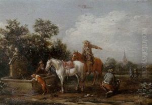 A Landscape With Horsemen Resting By A Fountain A Landscape With Horsemen Resting By A Fountain