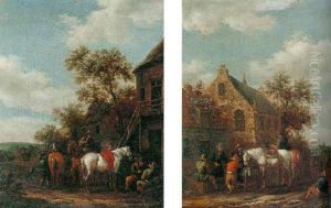 Landscape With Riders Beside Cottages by Barend Gael