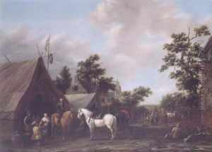 An Officer Flirting With A Maid At An Encampment With Peasants And Travellers In A Village Street Beyond, On A Summer's Day