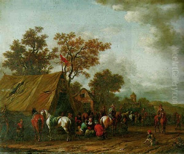 Travellers And Peasants By A Booth, Houses And A Church Beyond - view 1