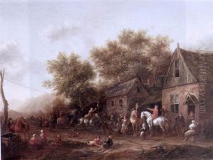 Riders Outside A Tavern With Other Figures In A Street Watching A Horseman Playing Ringsteken by Barend Gael