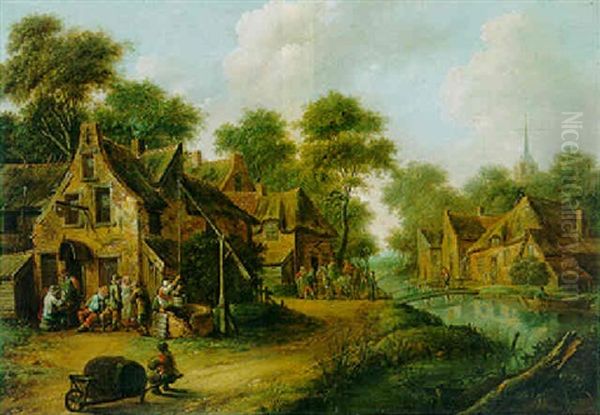 A Peasant Woman Drawing Water From A Well By A Village Inn, Travellers Halting By A Bridge Beyond - view 1