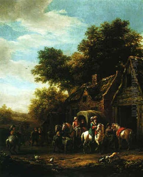 A Horse And Cart With Travellers Halted At An Inn - view 1