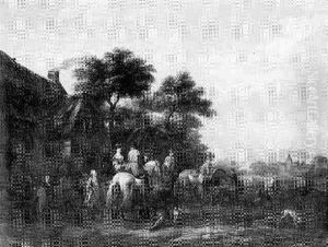 Horses, Riders And Grooms Before An Inn by Barend Gael