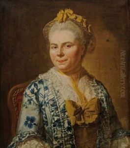 Portrait De Femme A La Robe De Soie Bleue Et Jaune
