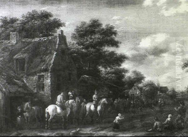 A Village Landscape With Figures Playing An Equestrian Sport In The Street - view 1