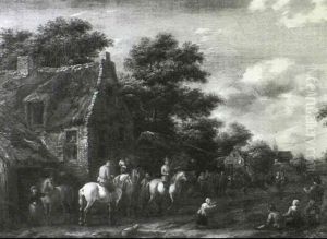 A Village Landscape With Figures Playing An Equestrian Sport In The Street by Barend Gael