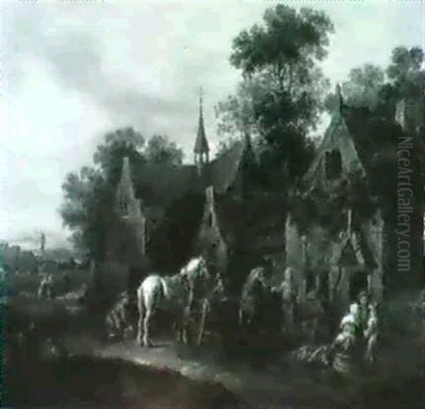 Village Streets With Travellerhalting By Inns ( A Pair) (2) - view 1