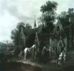 Village Streets With Travellerhalting By Inns ( A Pair) (2) by Barend Gael