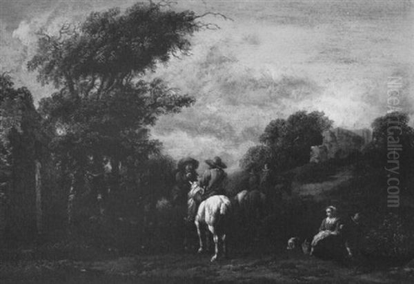 Travellers Conversing On A Wooded Path In A Landscape - view 1