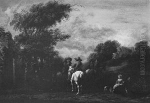 Travellers Conversing On A Wooded Path In A Landscape