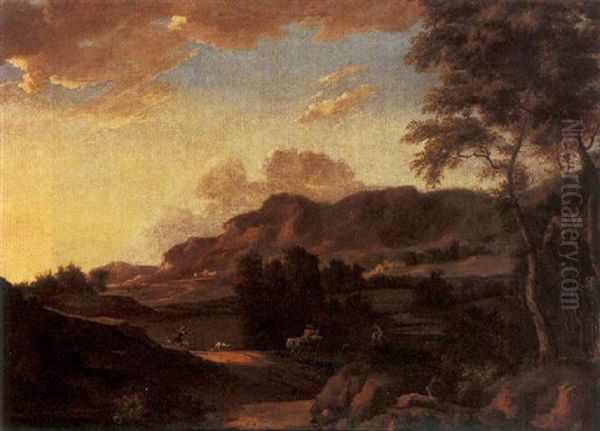 An Extensive Mountainous Landscape With Travellers On A Path - view 1