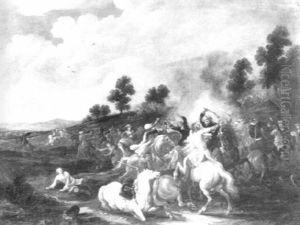 Reitergefecht In Einer Bewaldeten, Hugeligen Landschaft by Alexander Van Gaelen