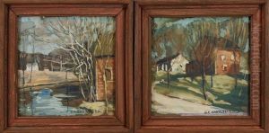 House On A Hill, House By A River, Clouds Through The Trees And Late Autumn Snow Scene