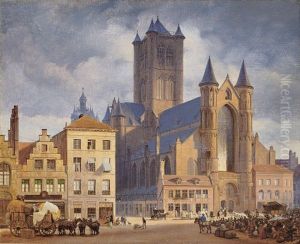 Der Marktplatz Mit Der Nikolaikirche In Gent by Johann Philipp Eduard Gaertner