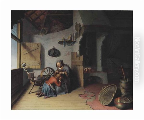 An Old Woman Combing A Child"s Hair - view 1