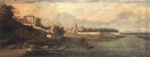 A River Landsape With Stevedores Loading Barrels On To A Boat