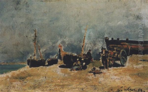 Kustenlandschaft Mit Booten, Pferdefuhrwerk Und Figurenstaffage - view 1