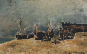 Kustenlandschaft Mit Booten, Pferdefuhrwerk Und Figurenstaffage Kustenlandschaft Mit Booten, Pferdefuhrwerk Und Figurenstaffage