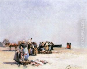 Pecheurs Et Barques Sur La Plage by Julien Gustave Gagliardini