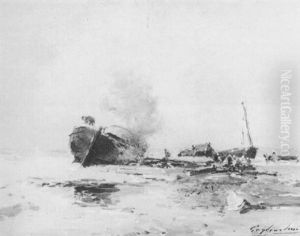 Onderhoud Aan Vissersschepen Op Het Strand by Julien Gustave Gagliardini