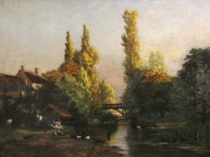 An Extensive River Landscape With Washerwomen And Ducks In The Foreground
