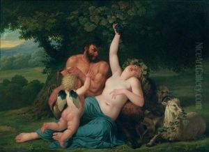 Bacchante Et Satyre Avec Un Cupidon Dans Un Paysage by Benigne Gagneraux