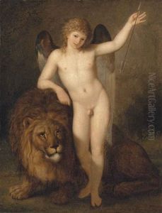 Cupid With A Lion In A Wooded Landscape by Benigne Gagneraux