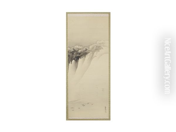 Snow Piled Mountain And Flying Birds Over The River - view 1