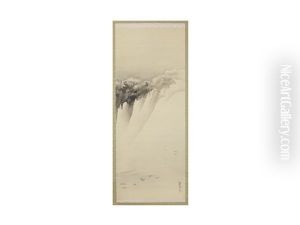 Snow Piled Mountain And Flying Birds Over The River by Hashimoto Gaho