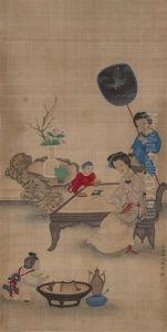 A Lady And A Child Seated At A Table With An Attendant Bearing A Fan, With A Vase Of Flowers On A Naturalistic Table In The Background by Gai Qi