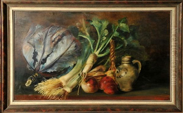 Stillleben Mit Rotkohl, Lauch, Rettich, Apfeln Und Krug - view 1