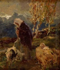 Ziegenhirtin Auf Hochalm by Horazio Gaigher
