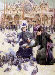 Jeunes Femmes Sur La Place Saint Marc A Venise, Entourees De Pigeons by Franz Bernard Gailliard