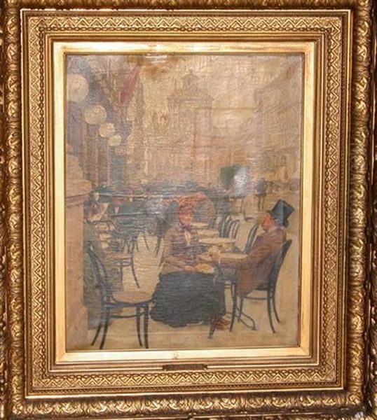 Belgian Street Scene With Sidewalk Cafe And Figures - view 1