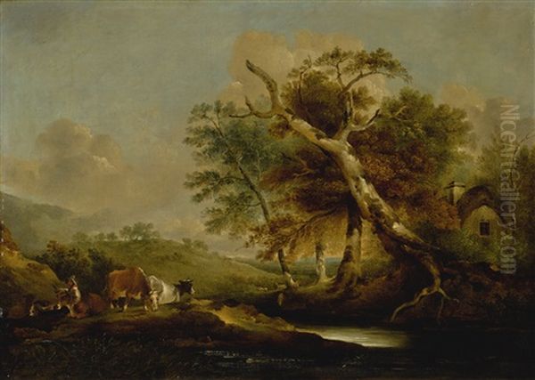 A Landscape With A Seated Figure, Cattle, And Sheep By The Water - view 1