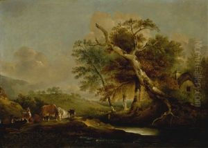 A Landscape With A Seated Figure, Cattle, And Sheep By The Water by Thomas Gainsborough